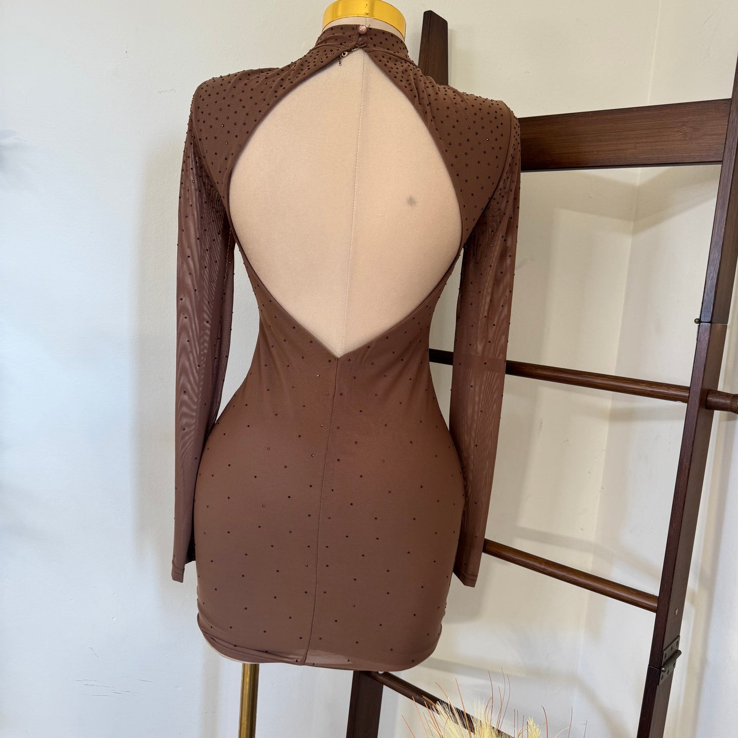 Mesh Mock Dress Rhinestone Open Back Mini Dress-Mocha