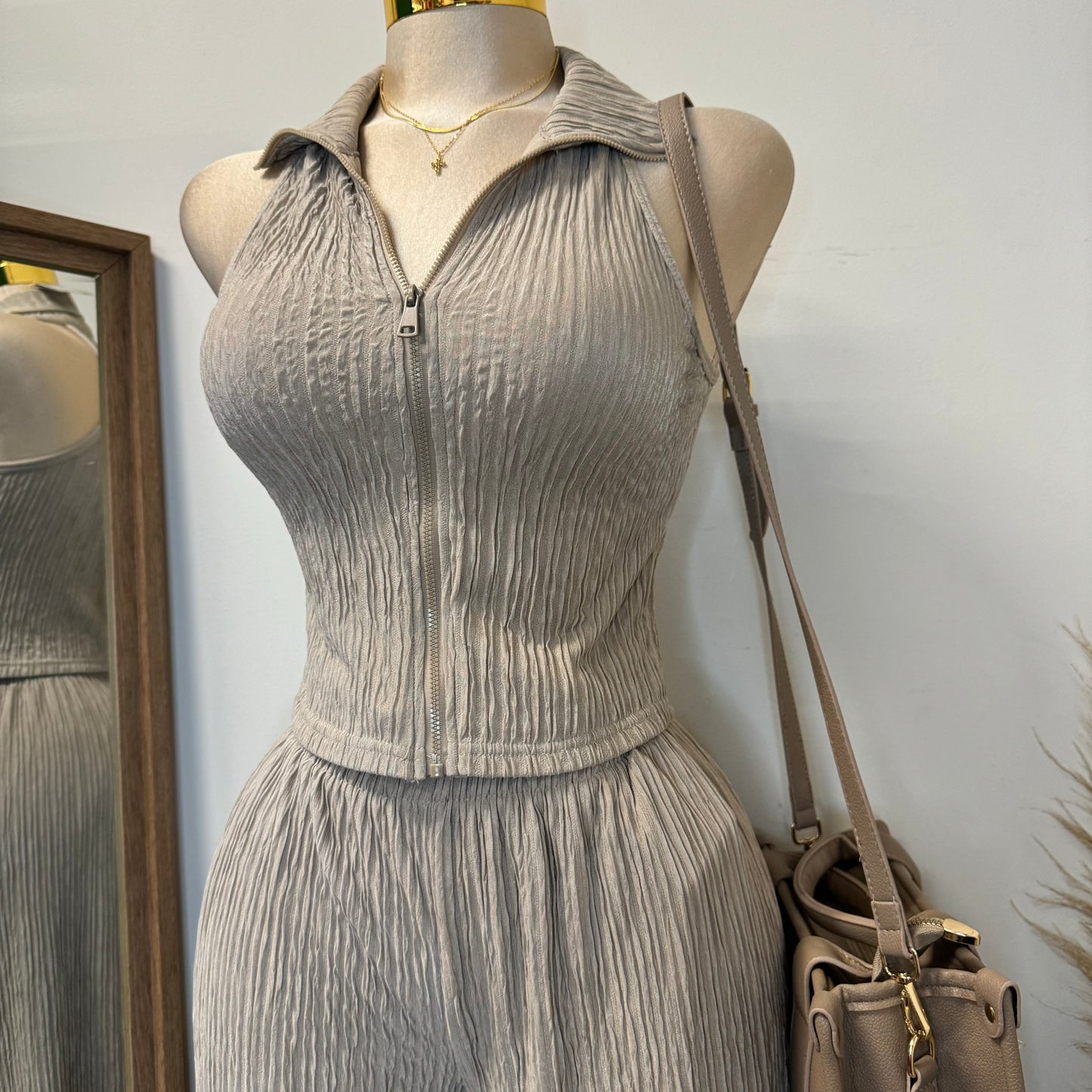 Halter Two Piece Pant Set-Taupe