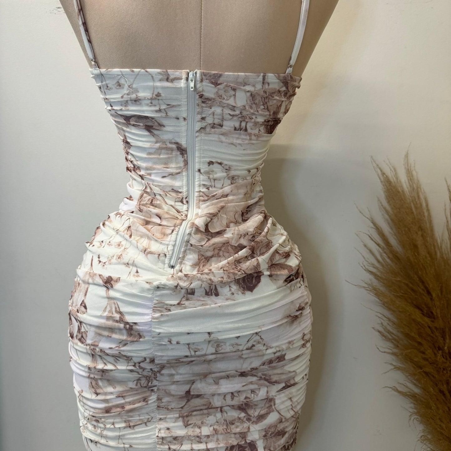 Daisy Floral Mesh Rossete Ruched Midi Dress-Brown