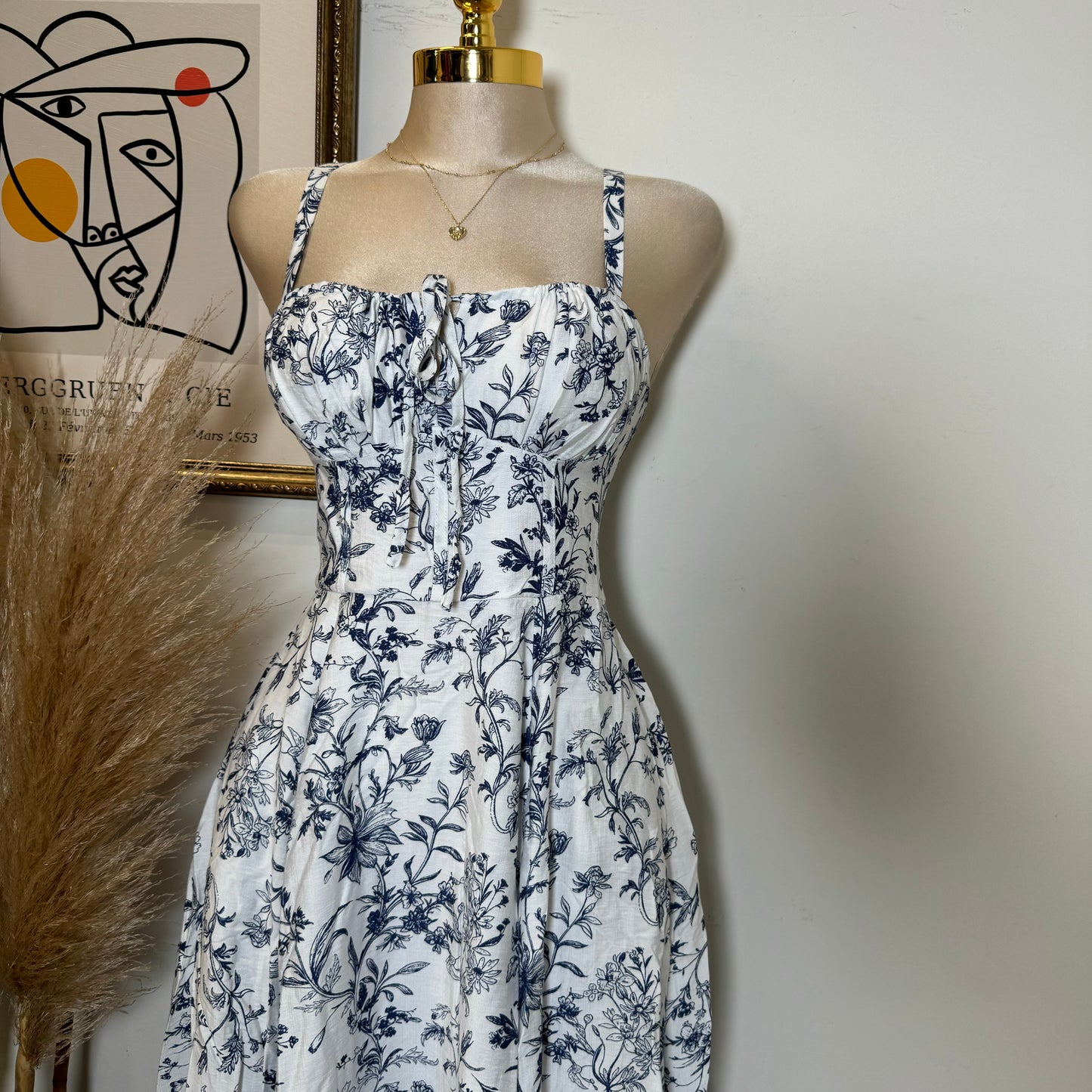 Picnic Corset Midi Dress-Blue/White