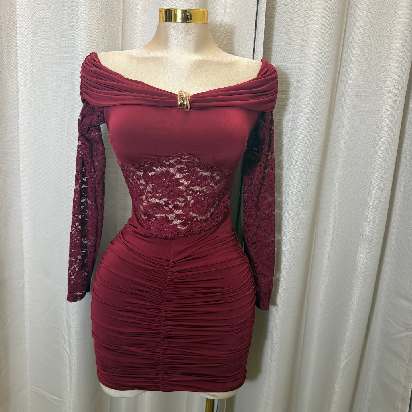 Off shoulder Long sleeve Dress-Burgundy