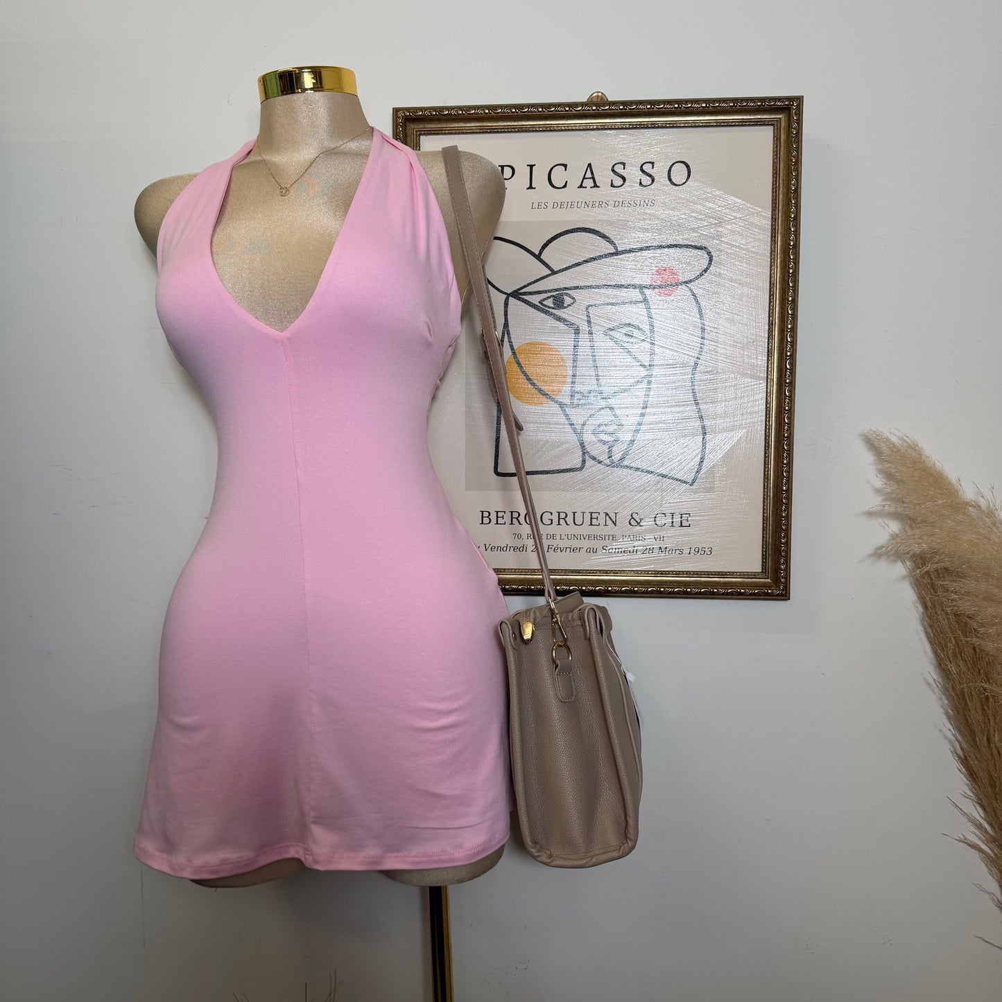 Halter Plunge V-Neck Mini Dress -Baby Pink