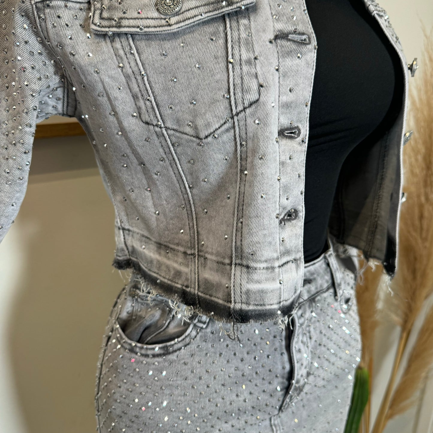 All Rhinestone Denim Jacket -Gray
