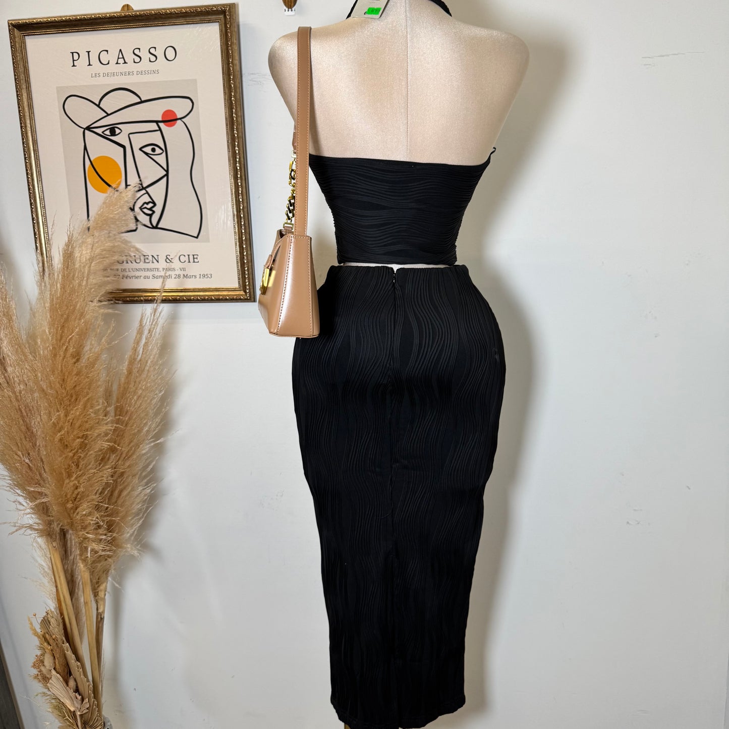 Halter Neck and Midi Skirt Set-Black