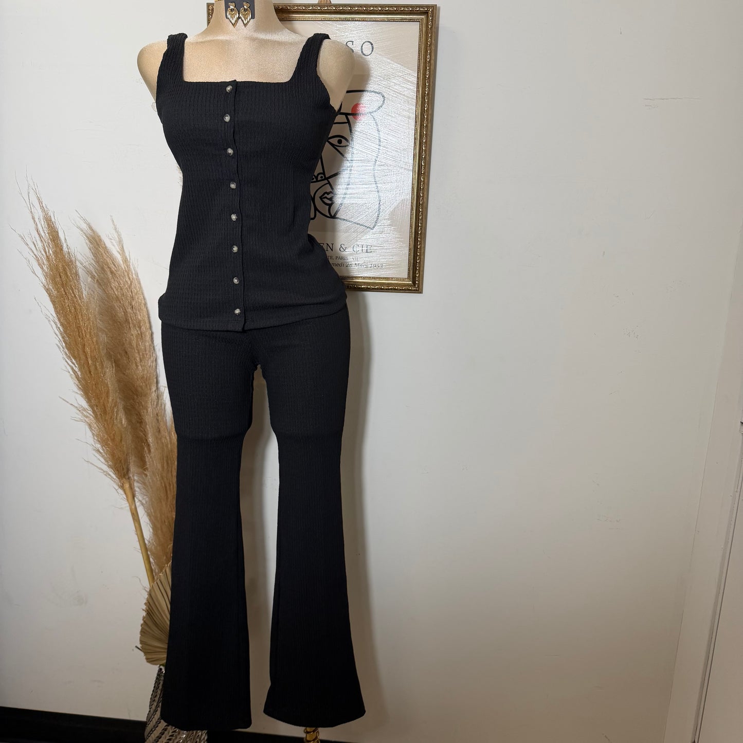 Square neck Vest & Flare Pant set-black