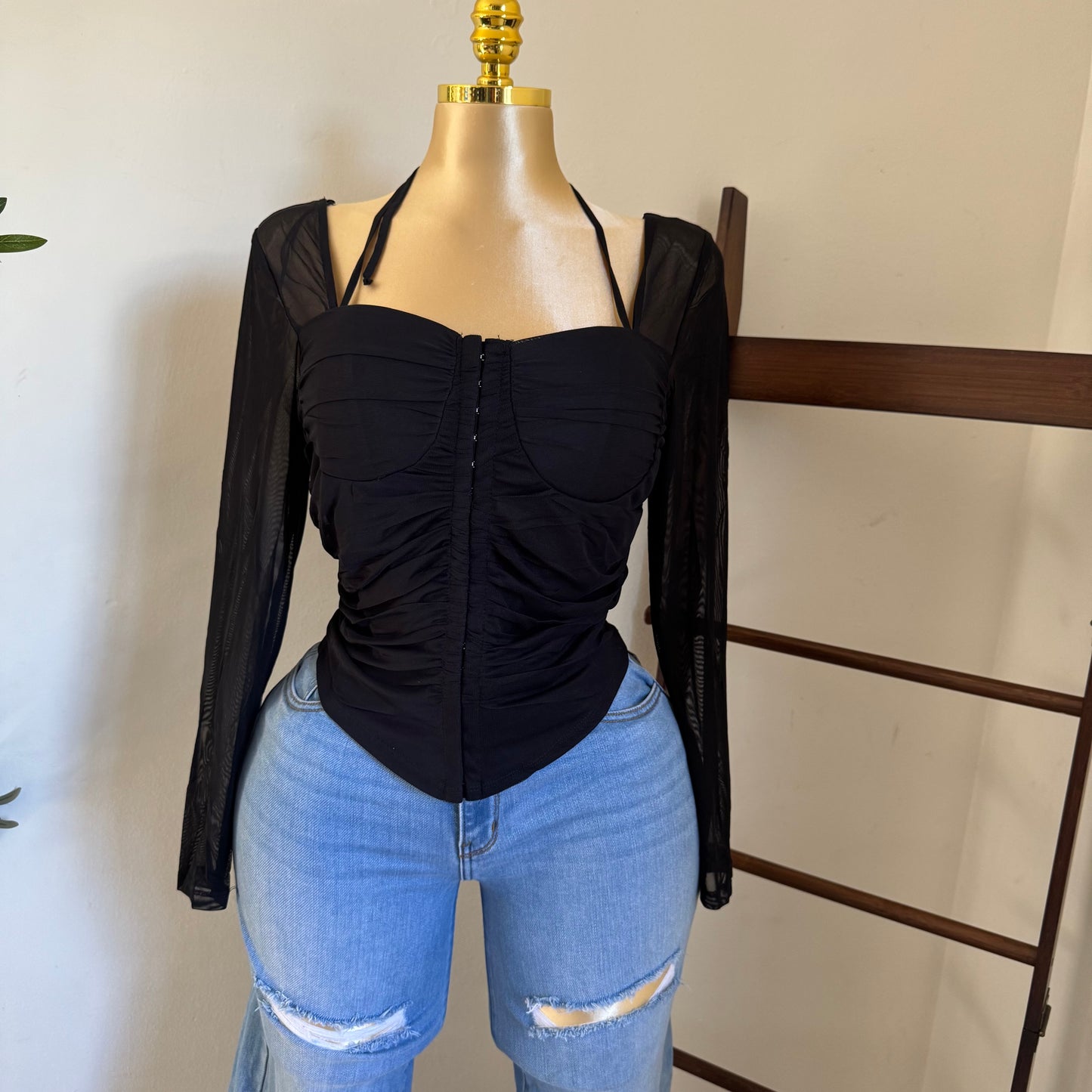 Long Sleeve Corset Top-Black