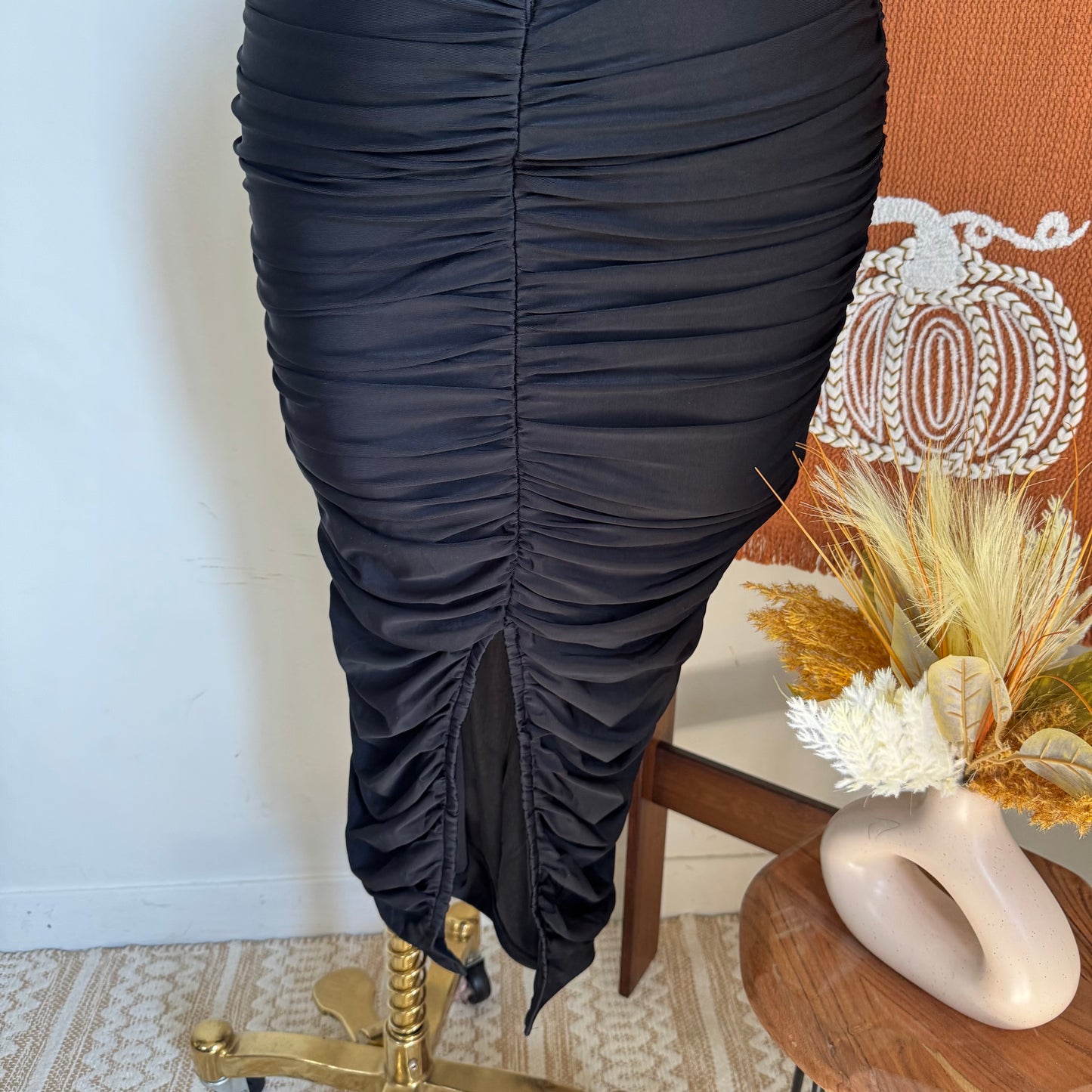 Ruched Midi Dress-Black