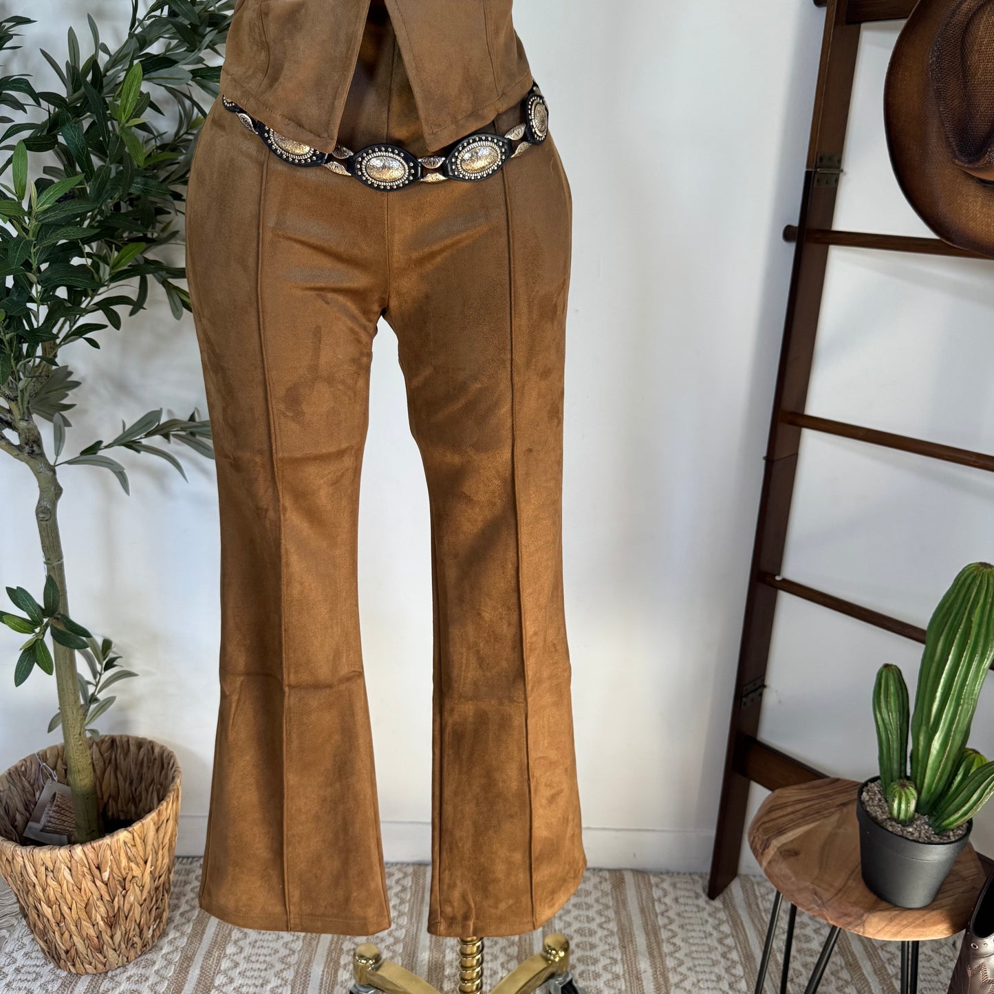 Suede Flare Pants-Tan
