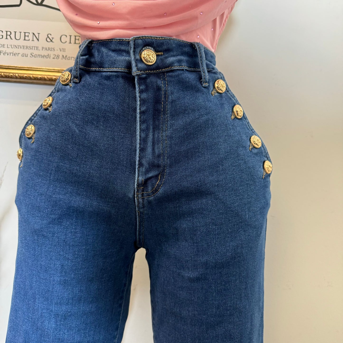 High Waisted Jeans Button On the Side -Denim Blue