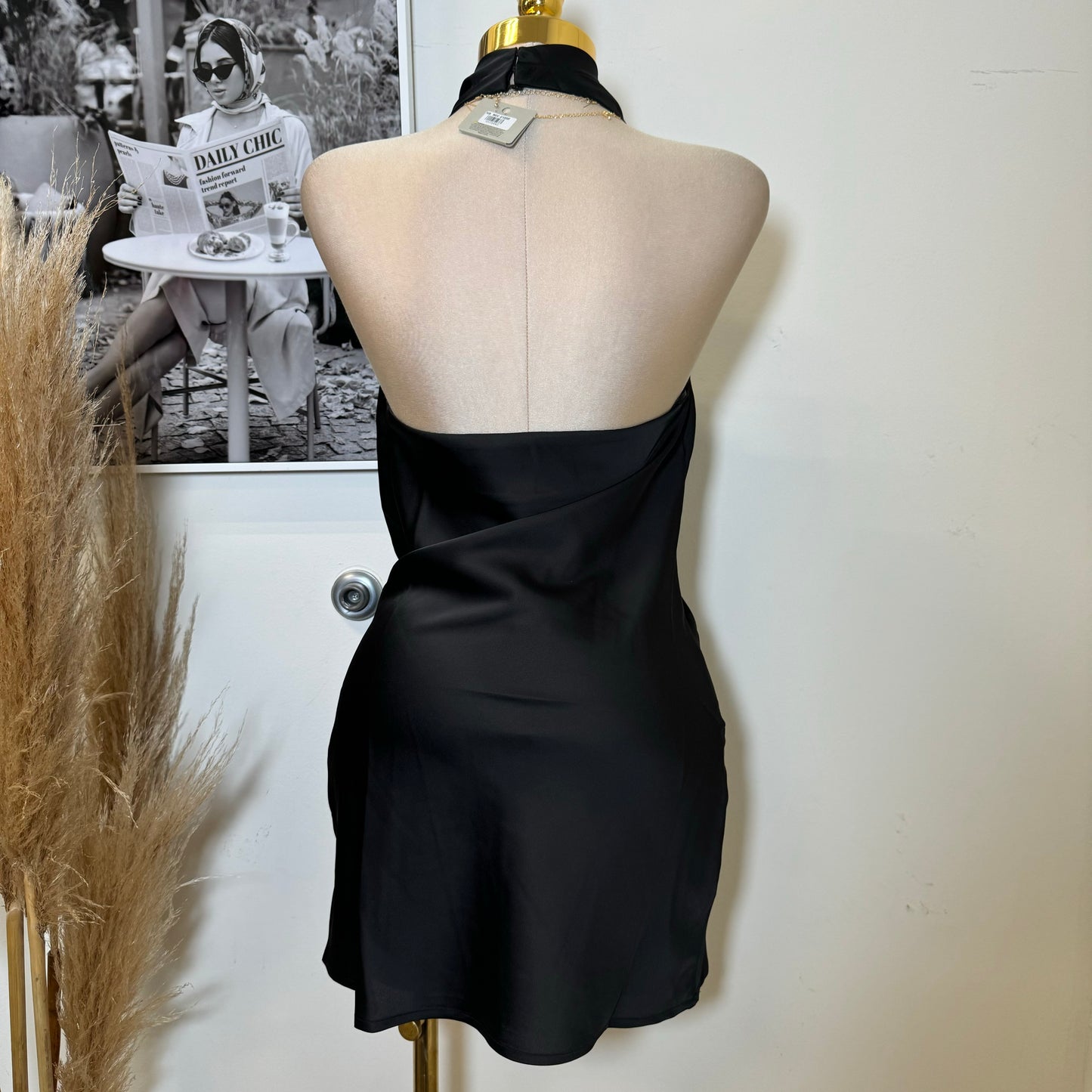 Santa Silky Halter Dress-Black