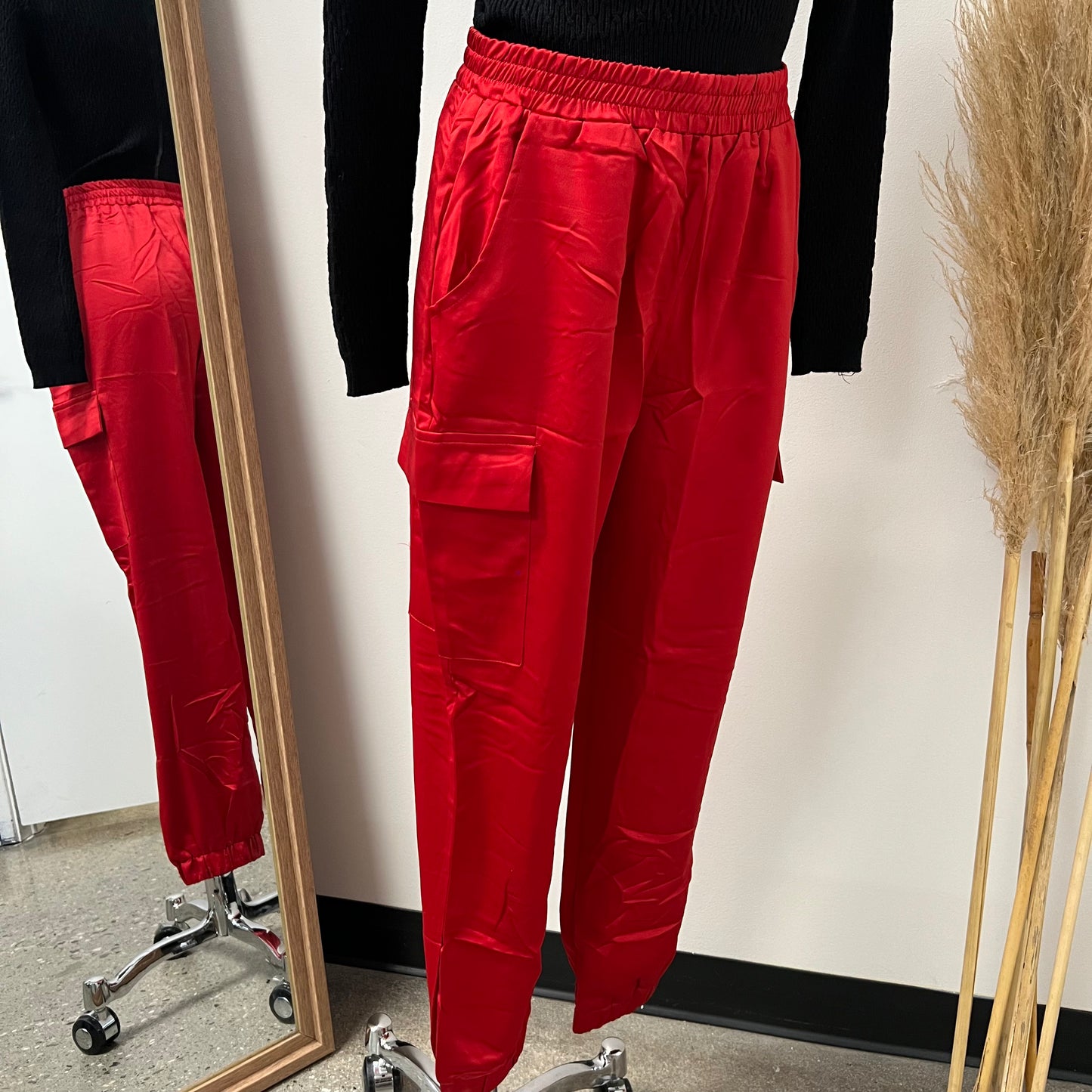 Merry Satin Cargo Pants-Red