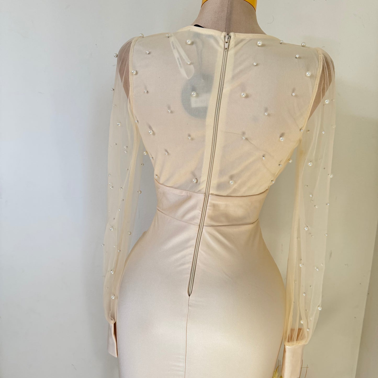 Pearl Beaded Mesh Power Satin Midi Dress-Cream