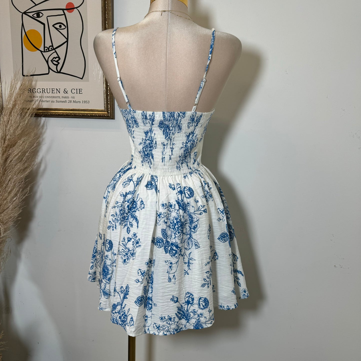 Tropical Smocked Mini Dress-White/Blue