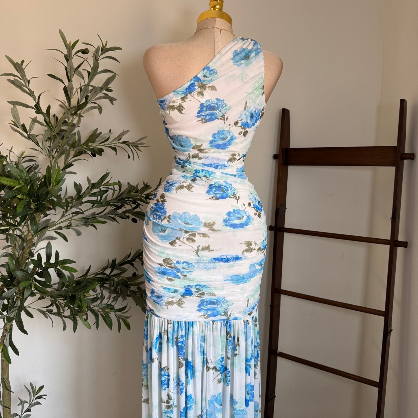 One Shoulder Mesh Maxi Dress-Blue/White
