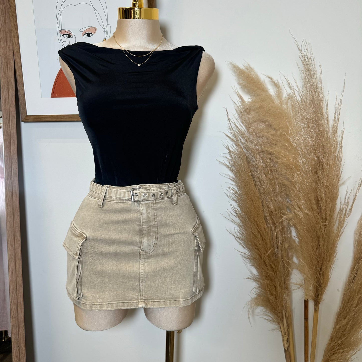 Cargo Belt Mini Skirt-Khaki