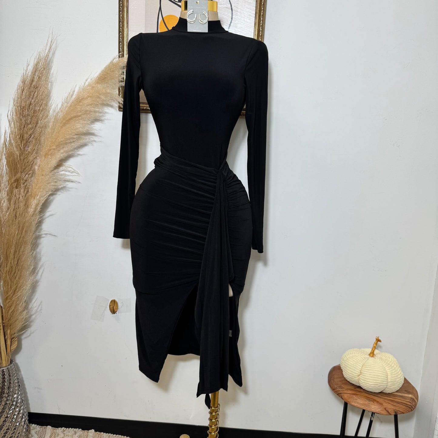 Mock Neck Ruffle Midi Dress-Black