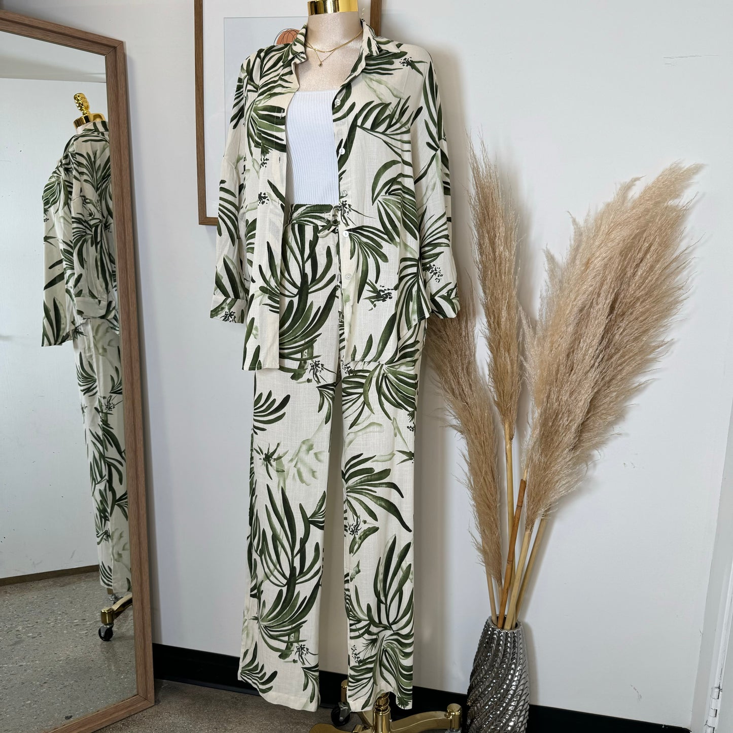 Palm Linen Pant Set-Green/white