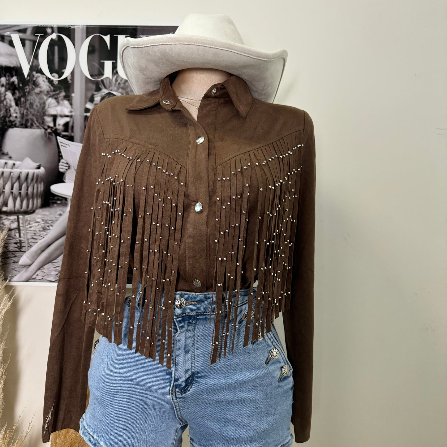 Suede Stud Fringe Shirt-Brown