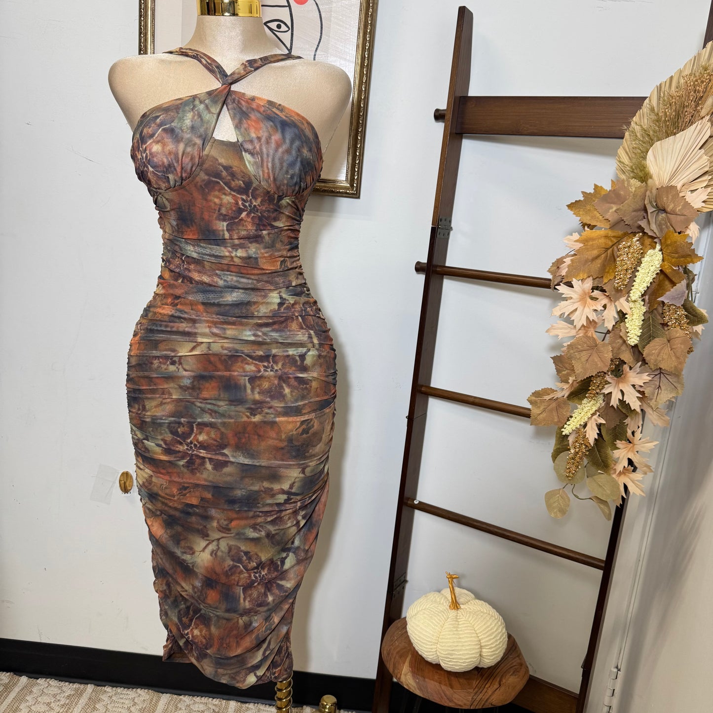 Inara Mesh Twist Halter Neck Midi Dress-Rust Multi