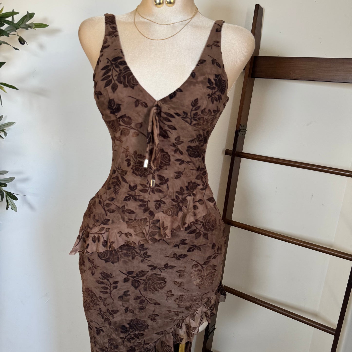 Halter Floral Print Dress- Chocolate