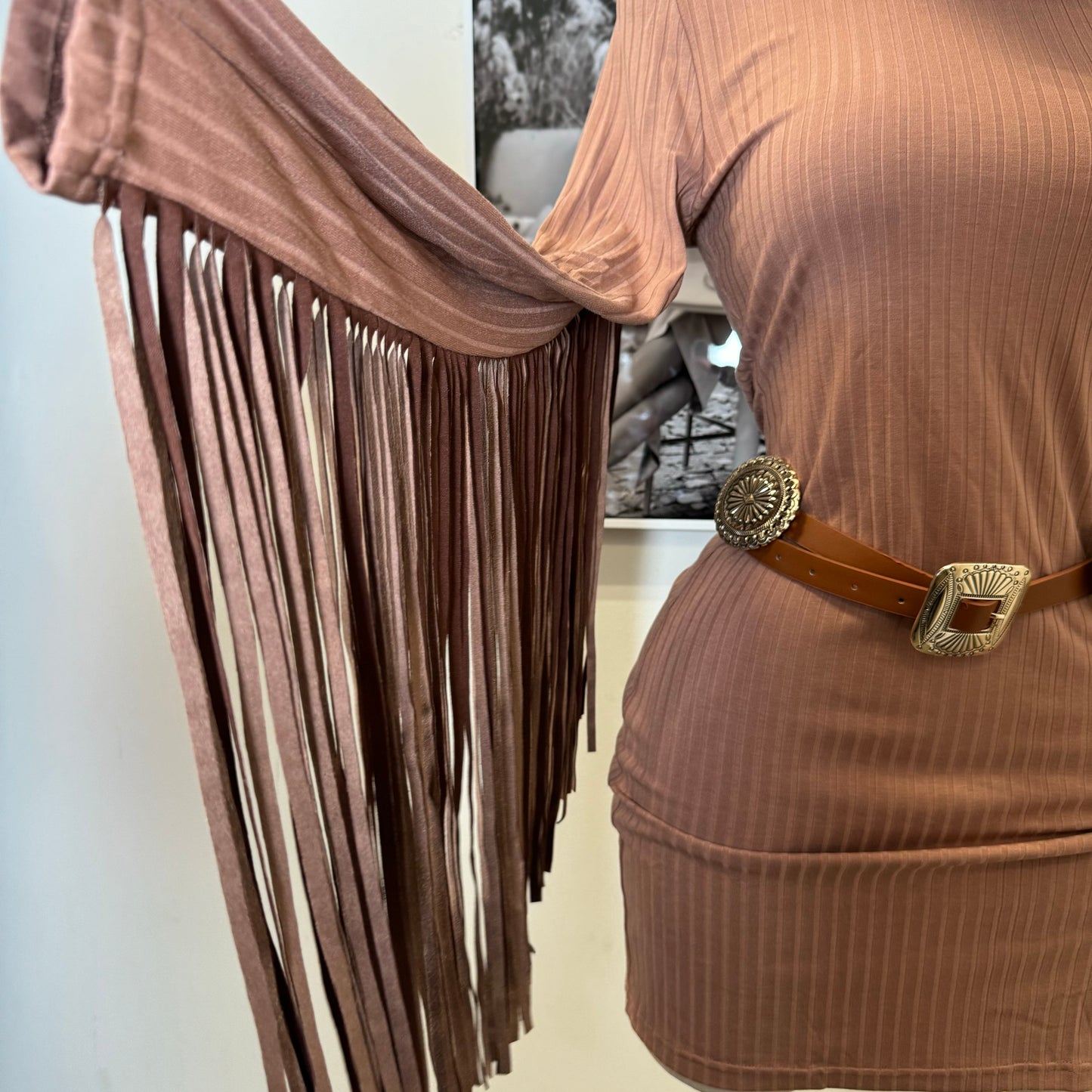 Fringe Rib Bodycon Dress-Brown