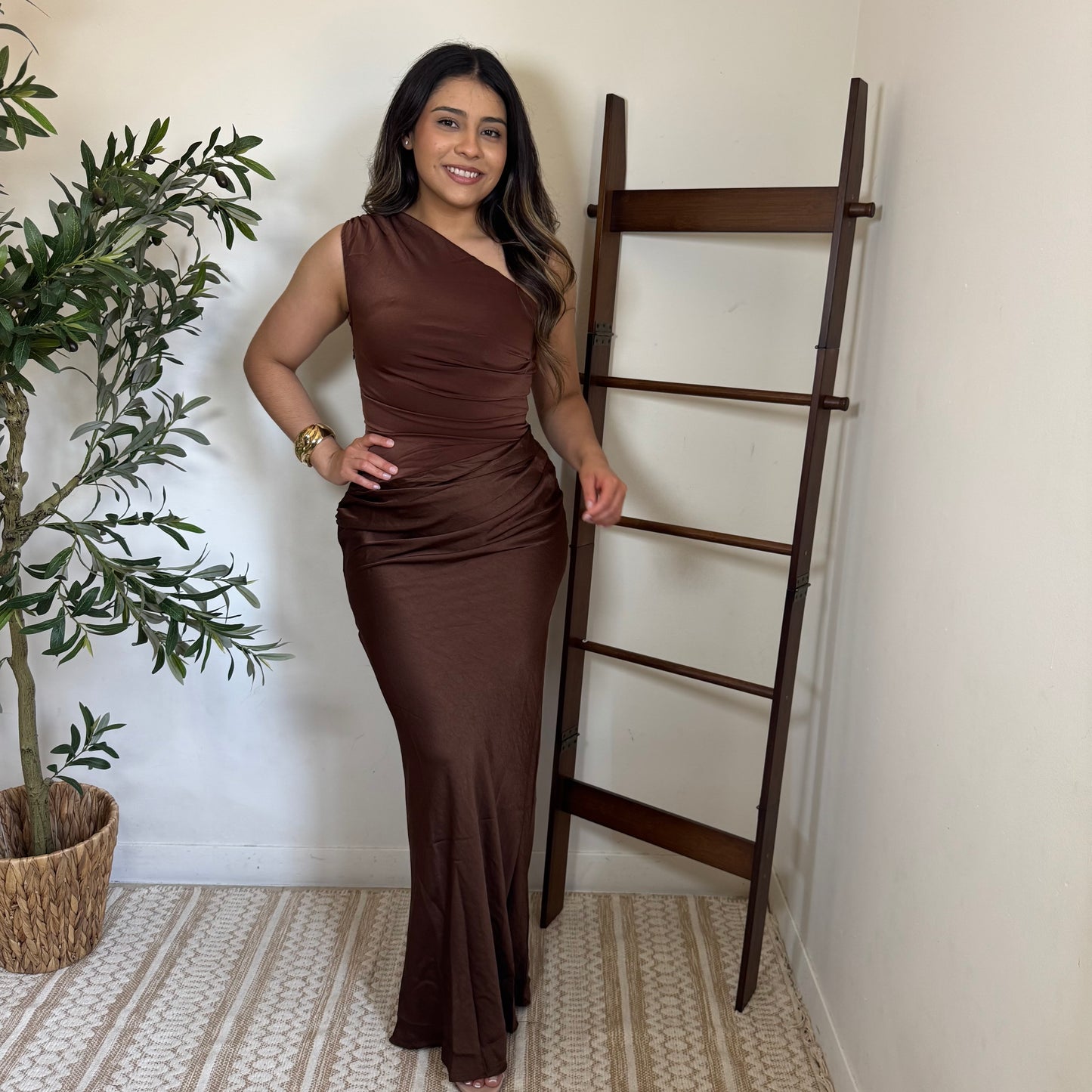 Sable Asymmetrical Maxi Dress-Brown