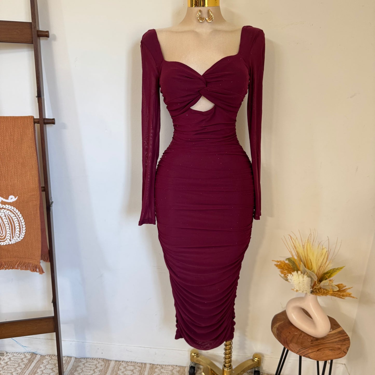 Sweet Heart Long Sleeve Rucing Rhinestone Midi Dress- Burgundy