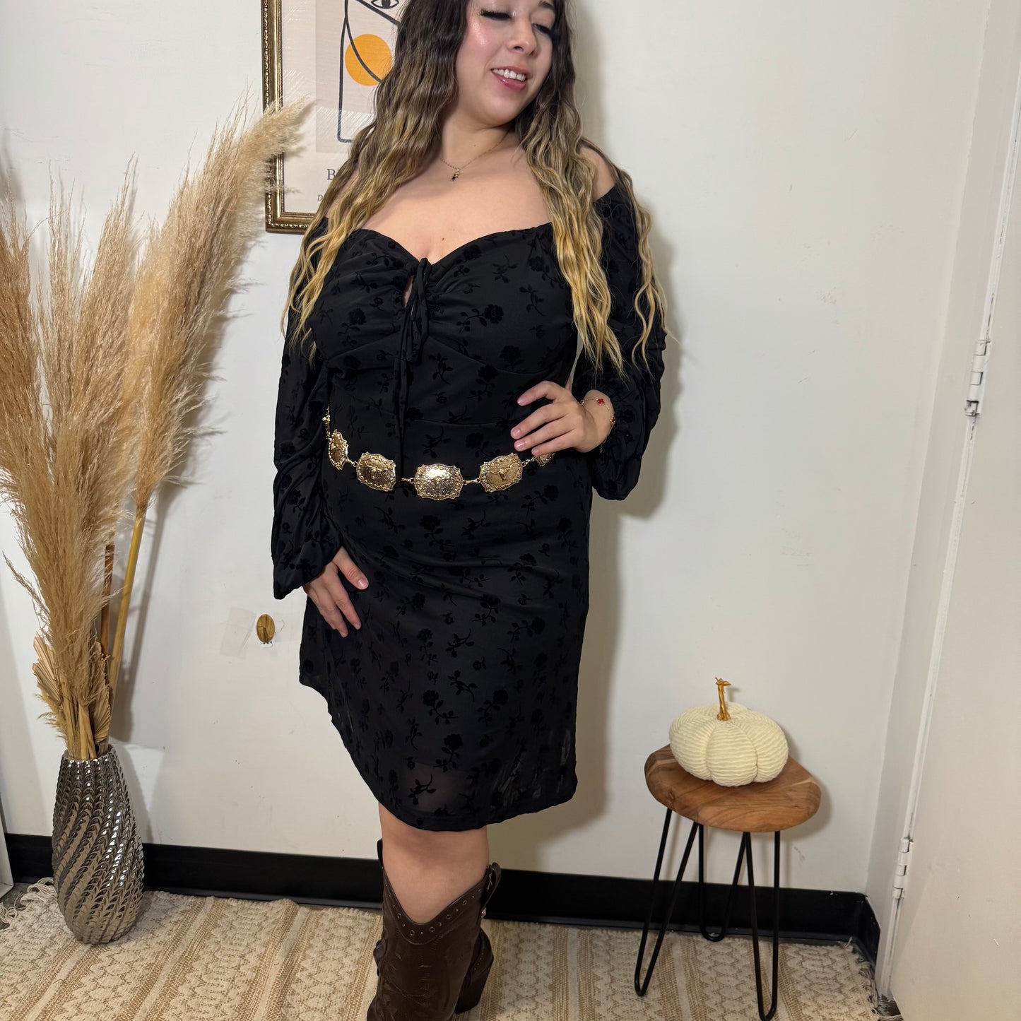 Flocked Mesh Long Sleeve Dress-Black