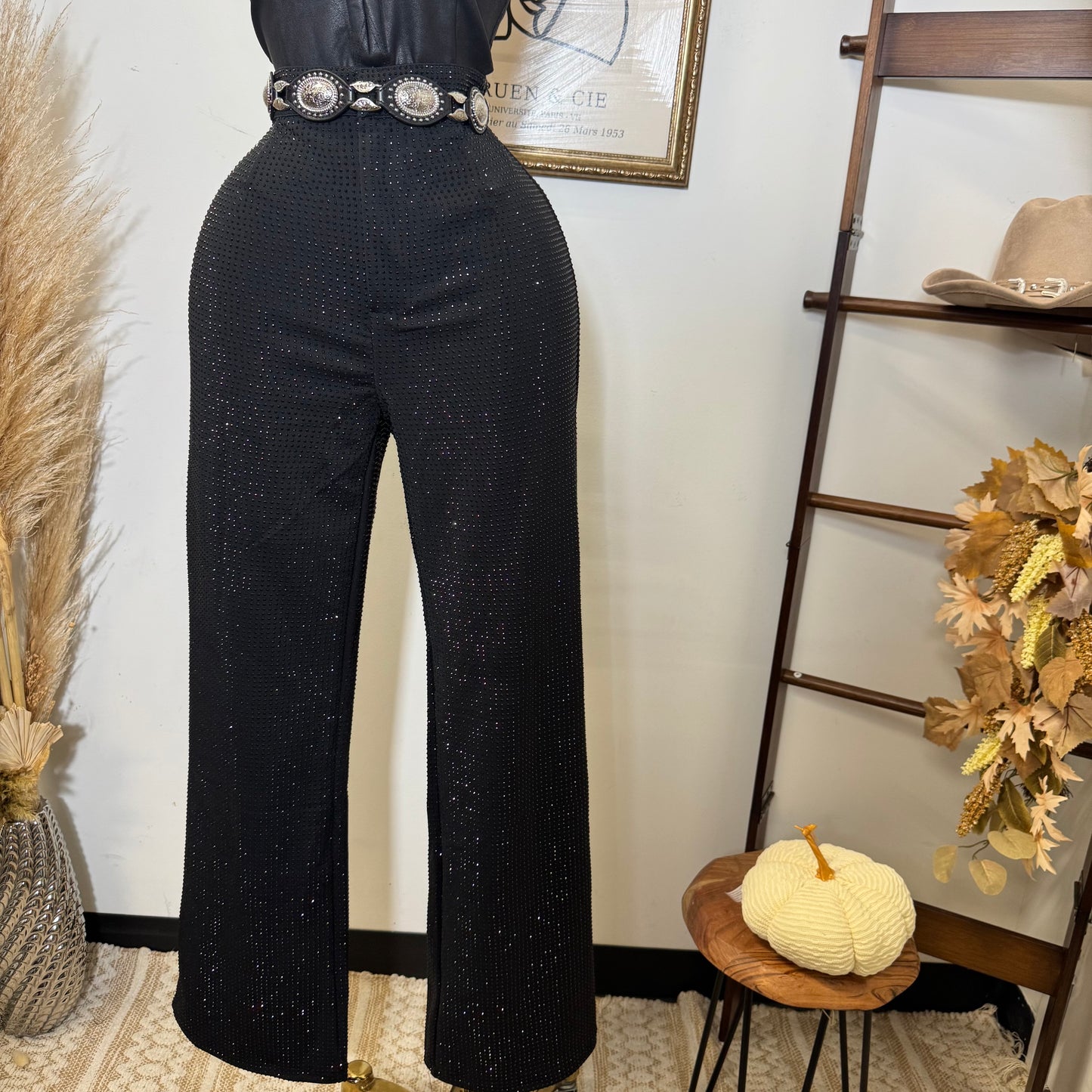 Rhinestone Wide Leg Pants -Black