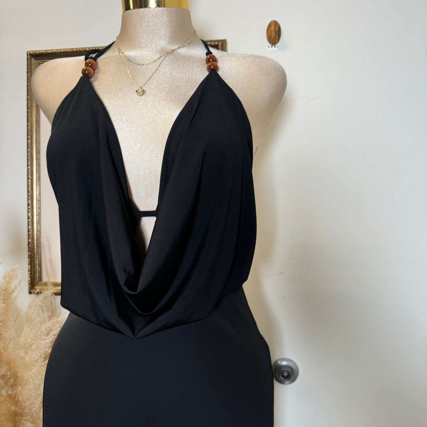 Bead Cowl Neck Halter Jumpsuit-Black
