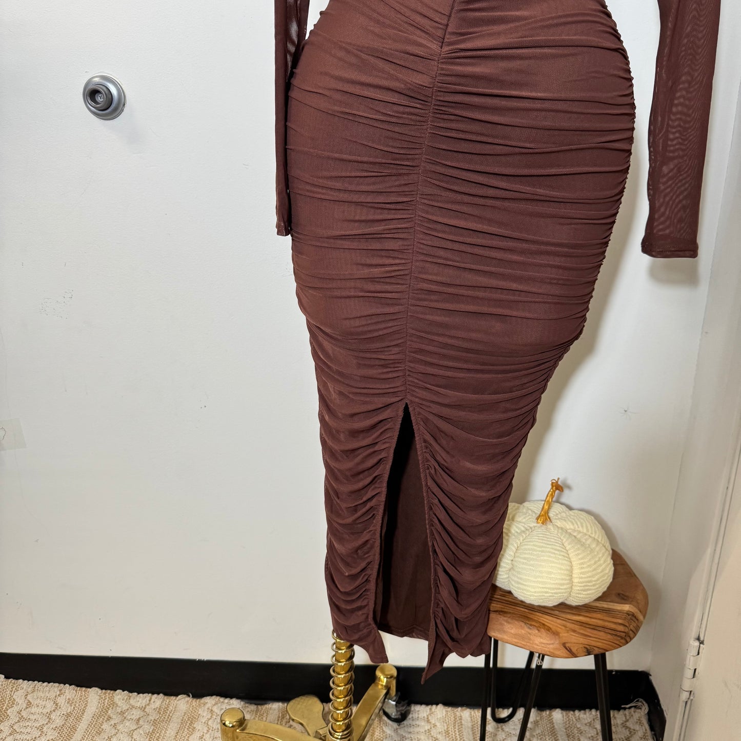 Round Neck Long Sleeve Ruching Midi Dress-Chocolate