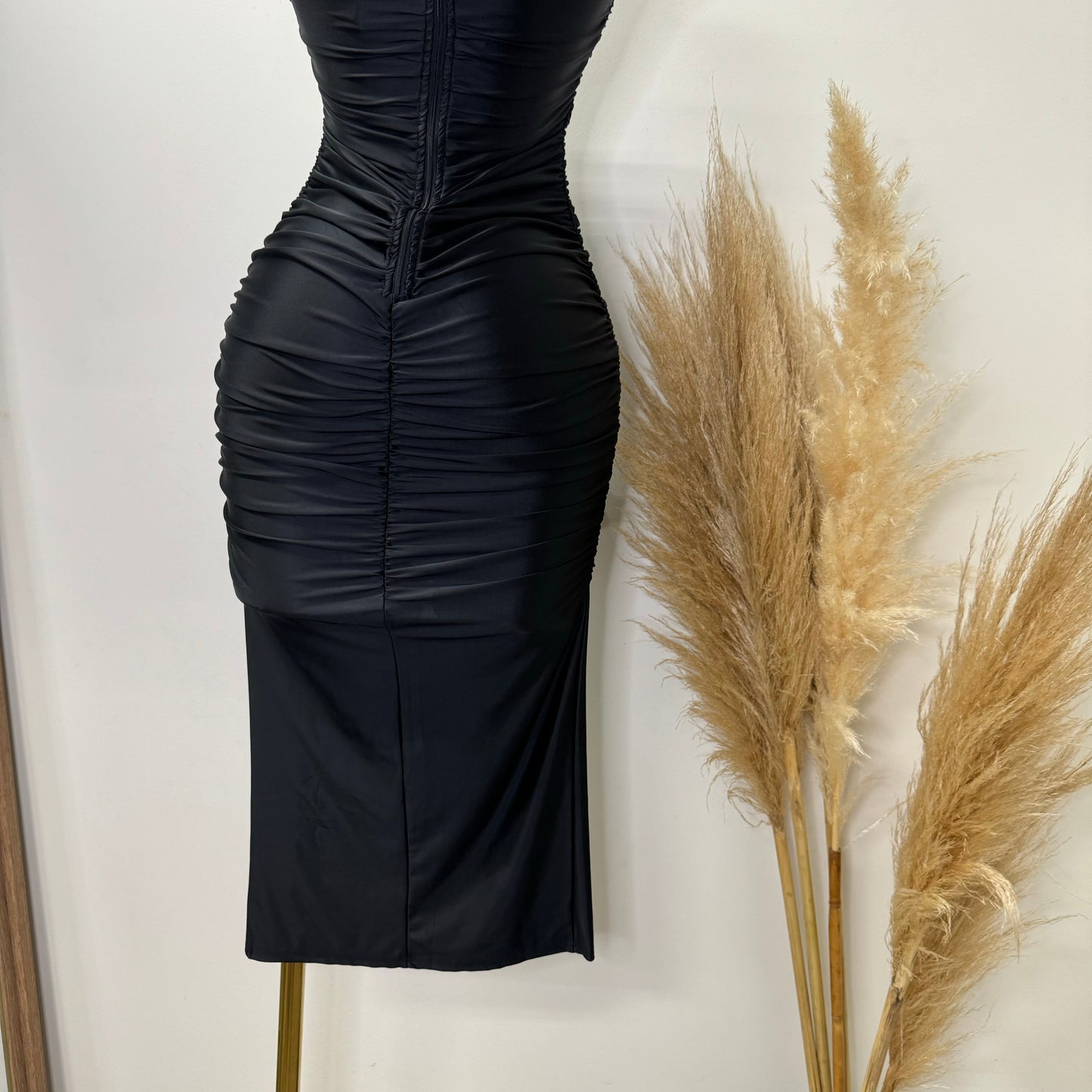 Lúxel Satin Off Shoulder MIDI Dress-Black