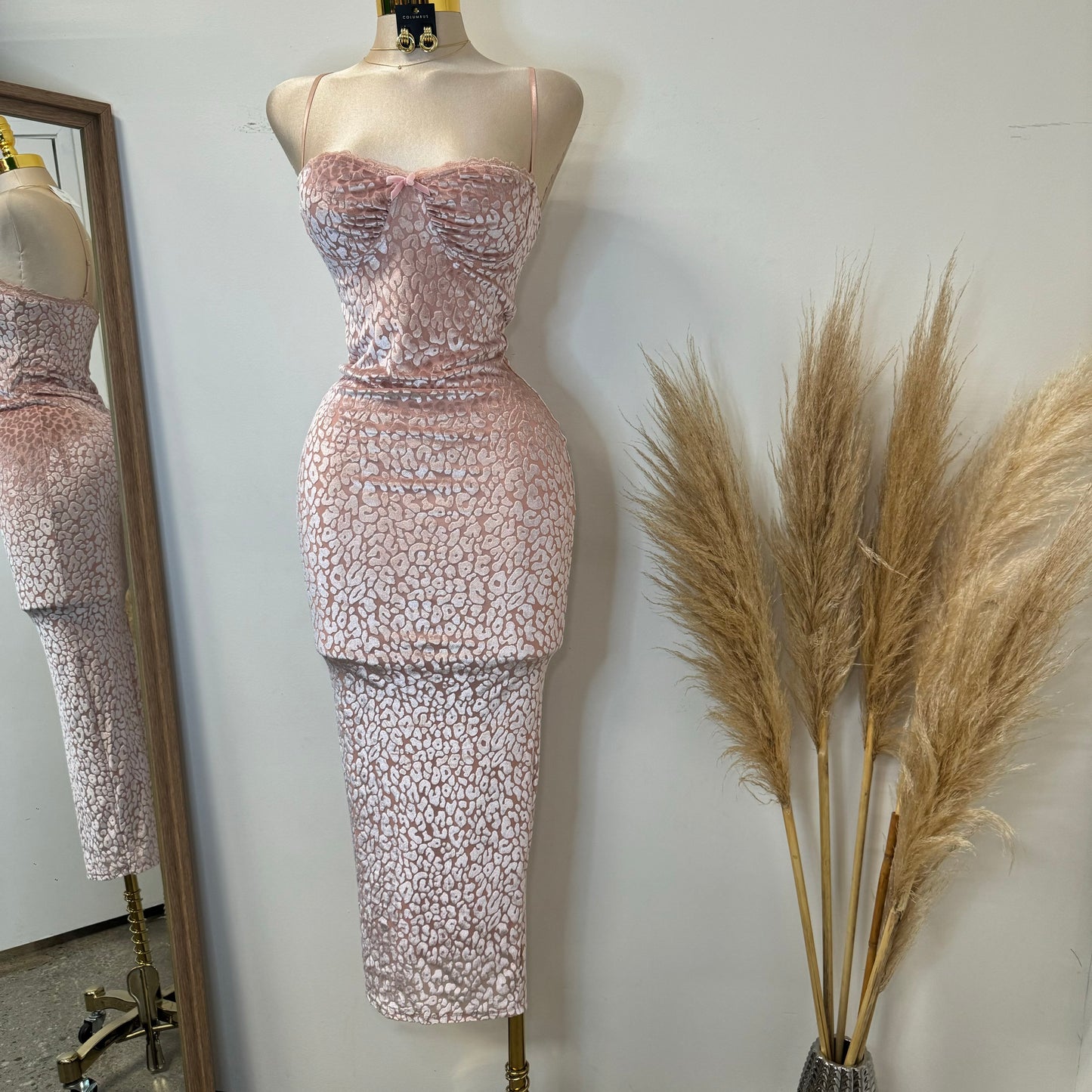 Velvet Animal Print Dress-Pink