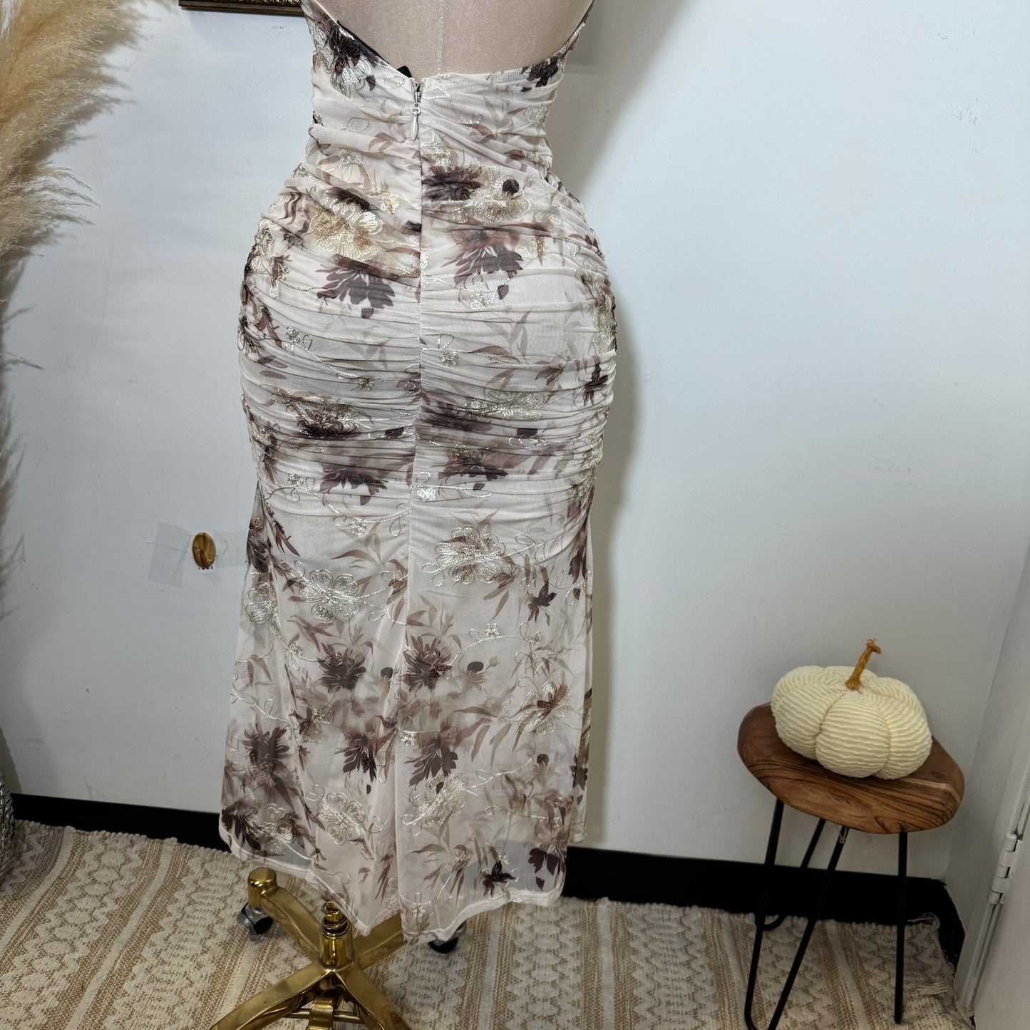 Deep Plunge Halter Neck a-Line Midi Dress-Brown