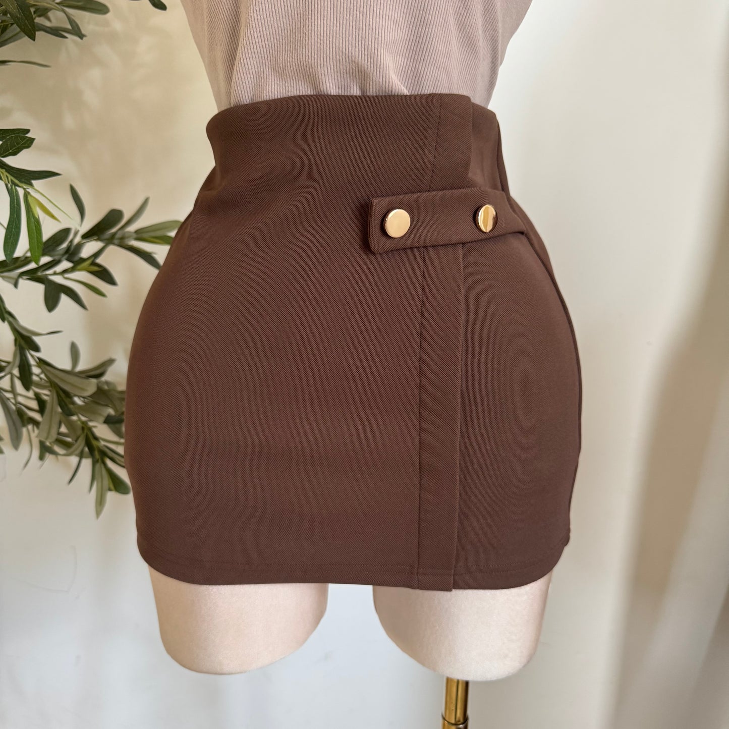 Poly Span Tan With Button Detail Short Lining Skort-Brown