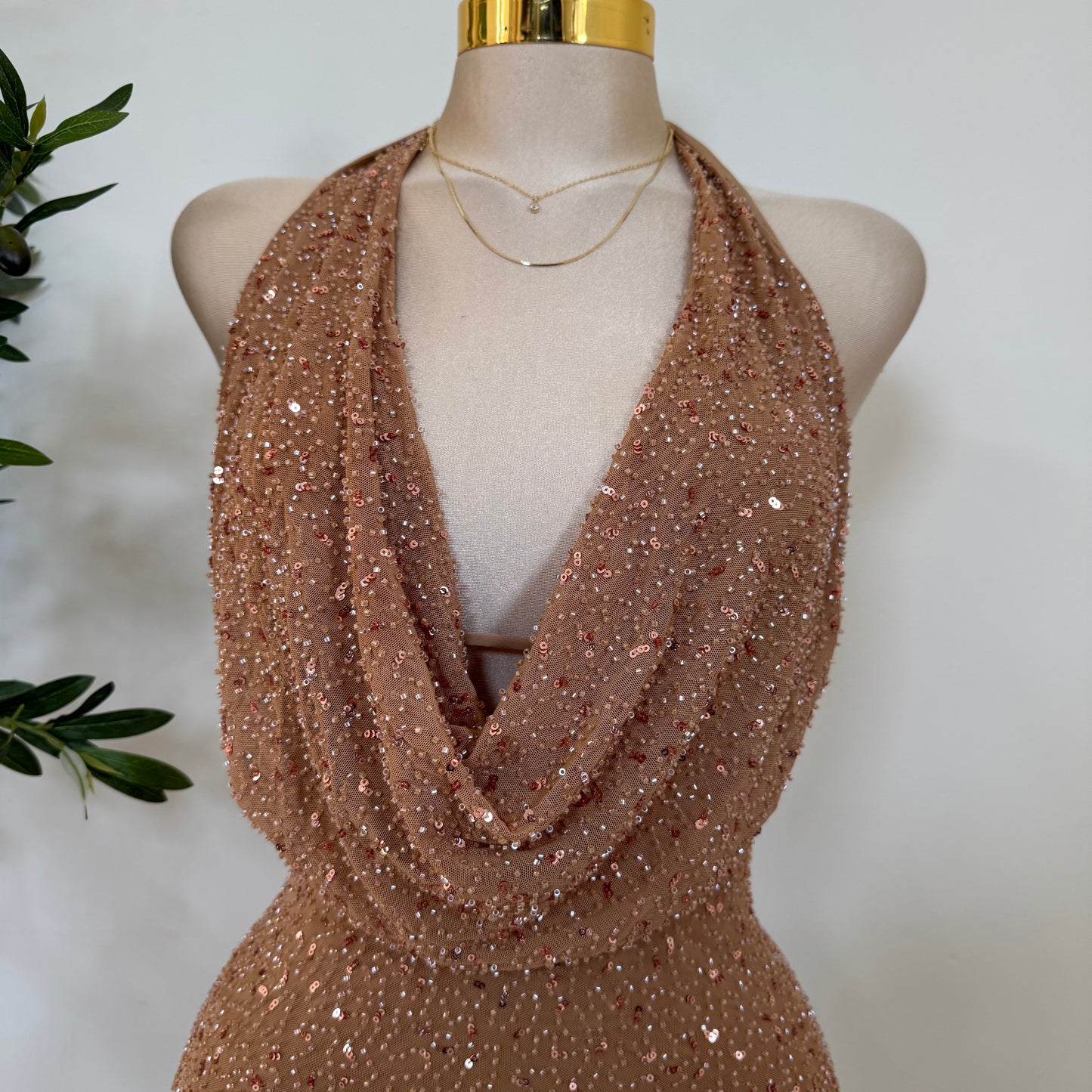 Cowl Sequins Dress-Mocha