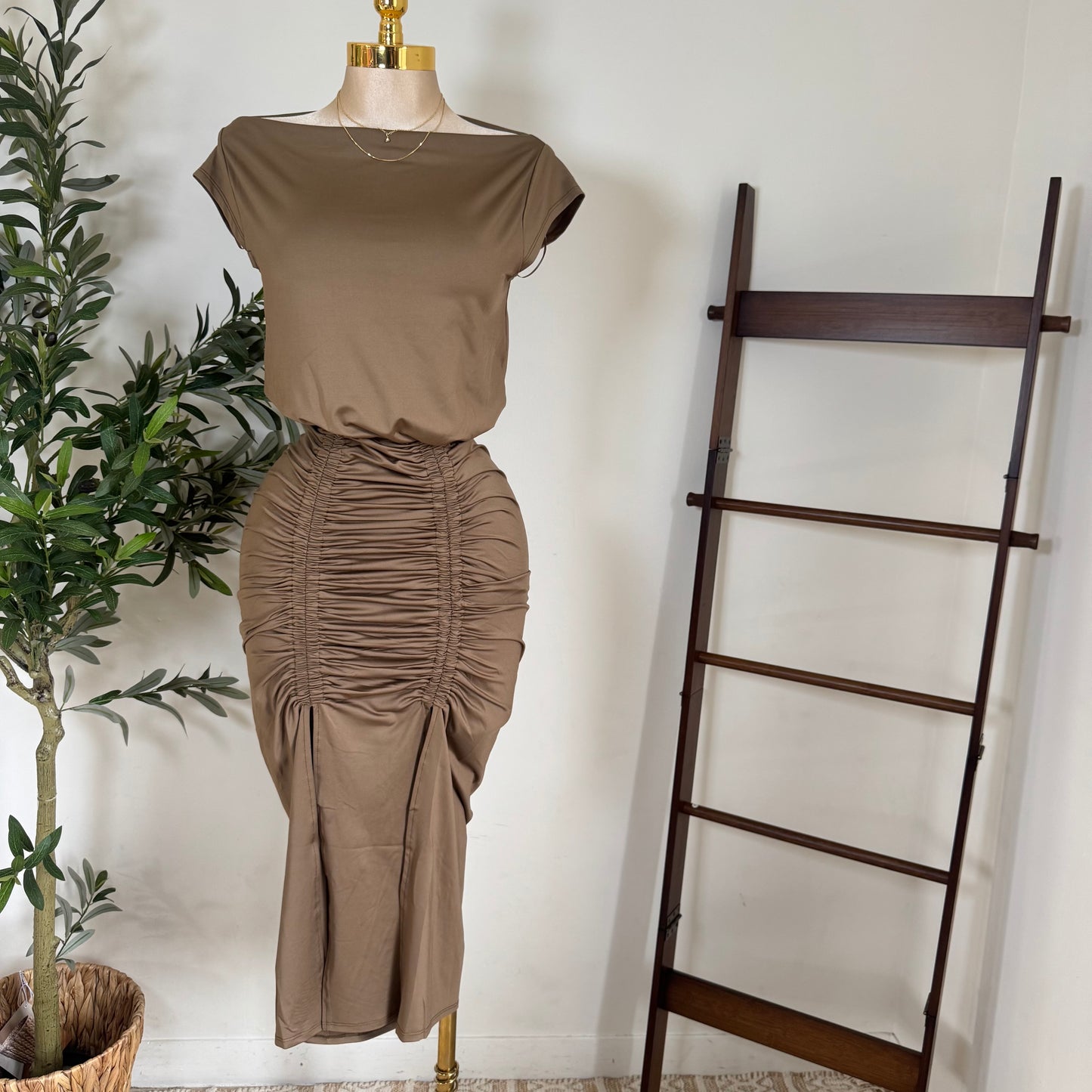 Ruched Elegance Draped Midi Dress-Mocha