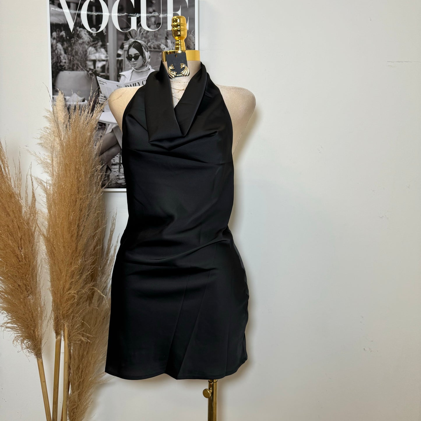 Santa Silky Halter Dress-Black