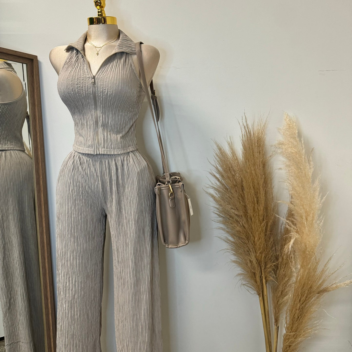 Halter Two Piece Pant Set-Taupe