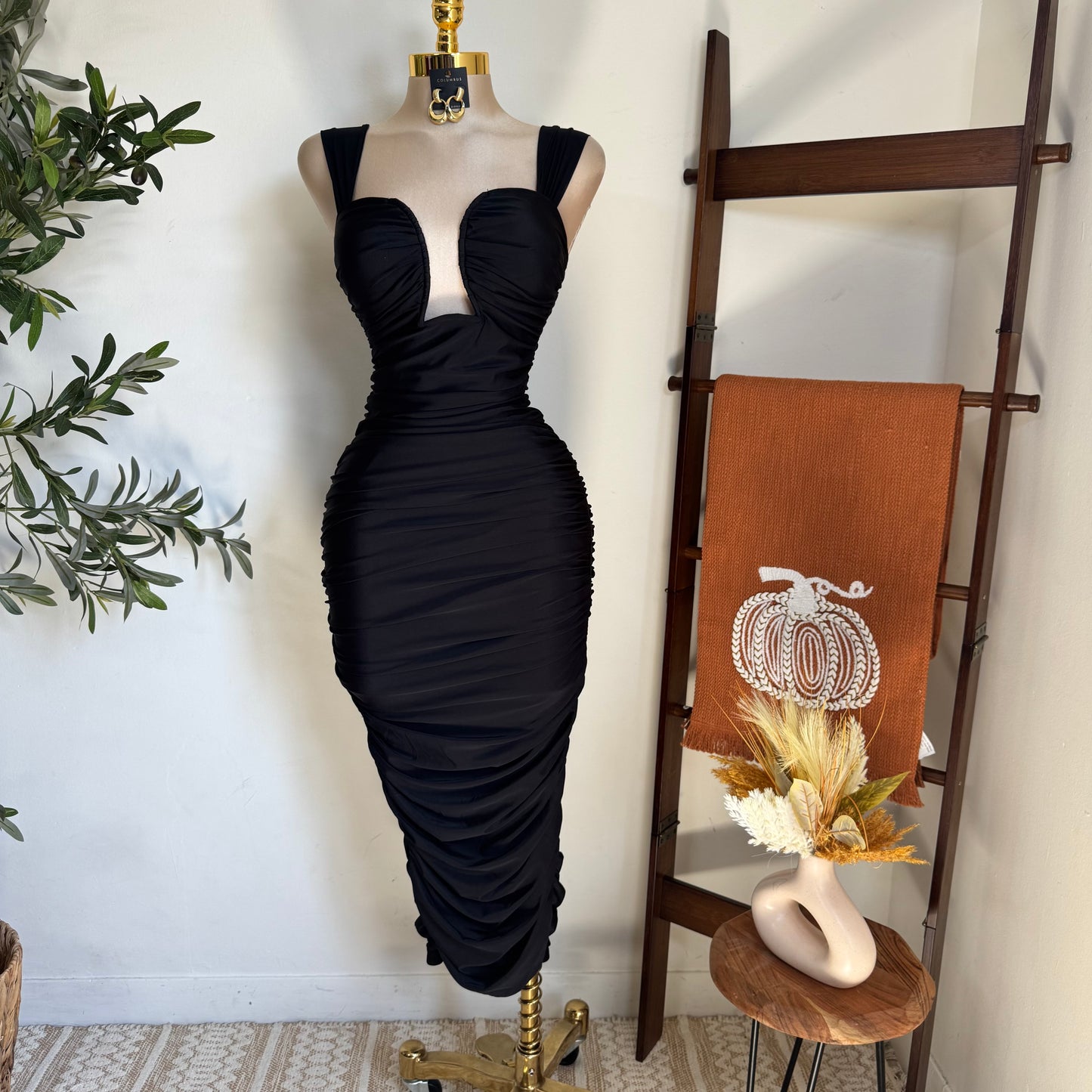 Ruched Midi Dress-Black