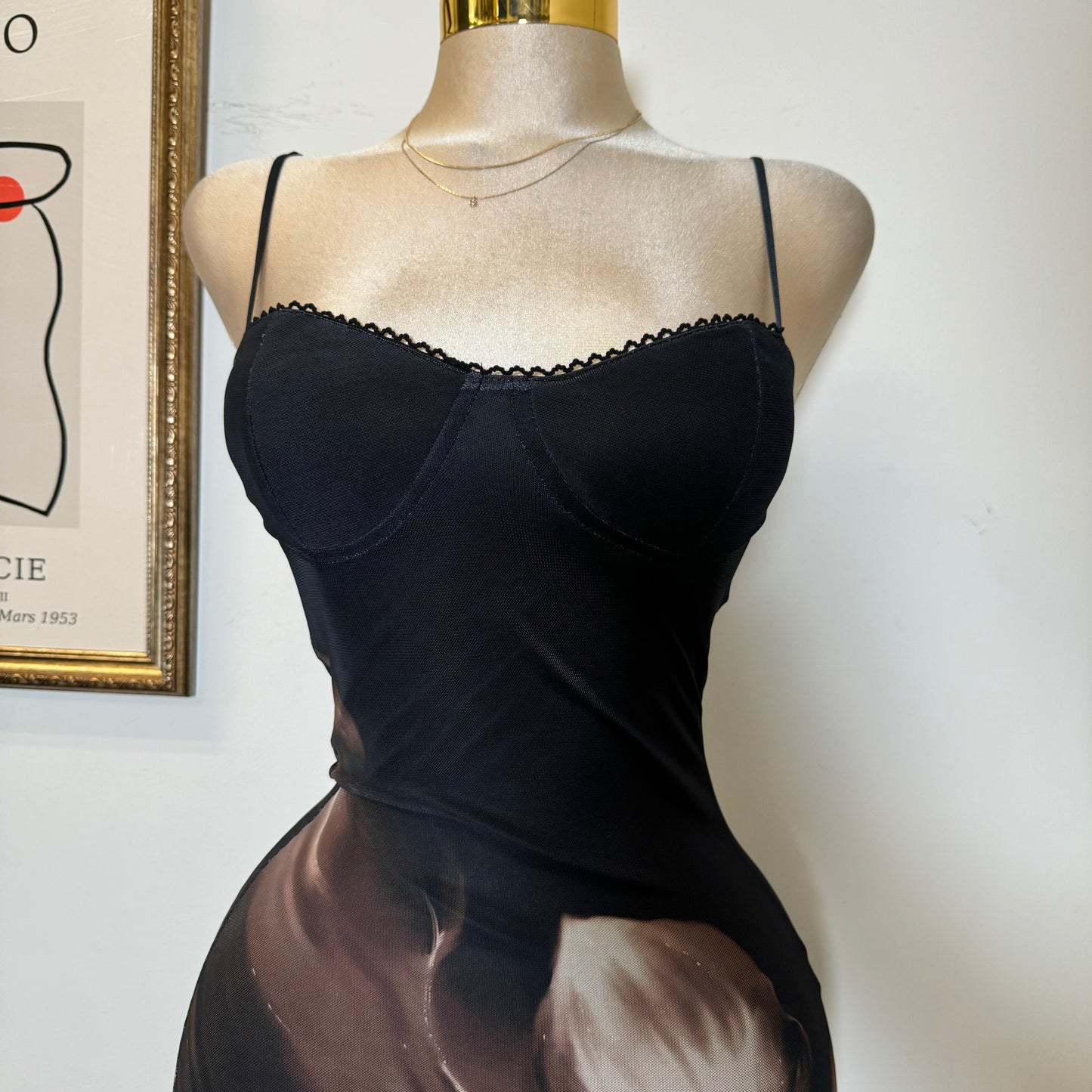 Alivis Mesh Spaghetti Dress-Black/Brown