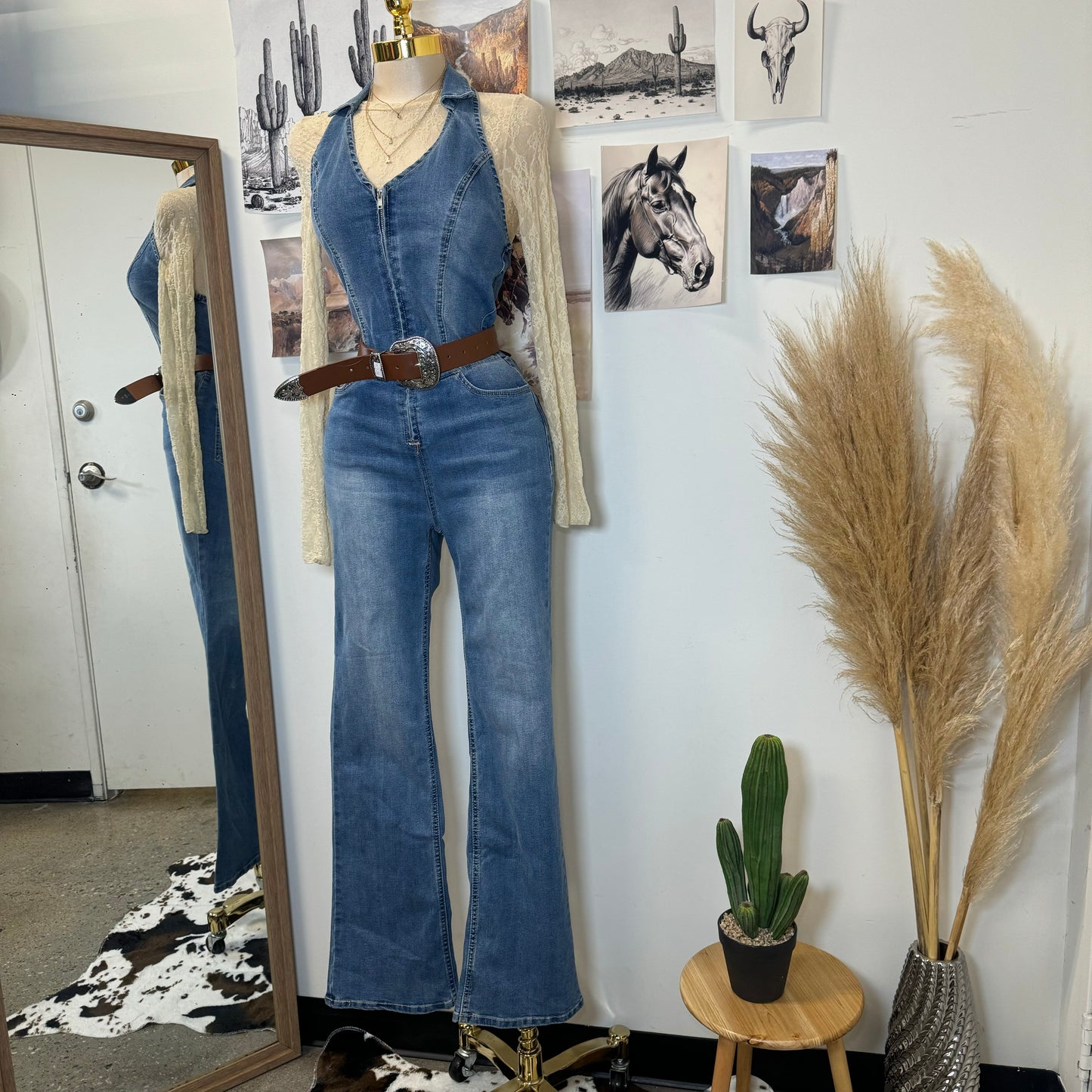 Rodeo Halter Flare Jumpsuit-Denim