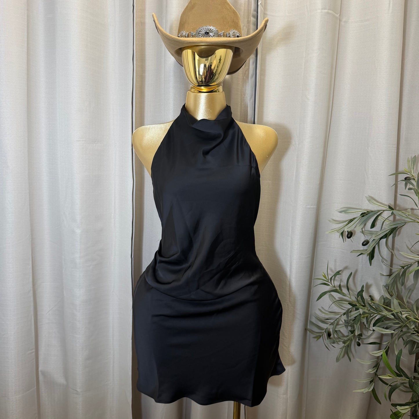 Satin Cowl Halter Neck Dress-Black