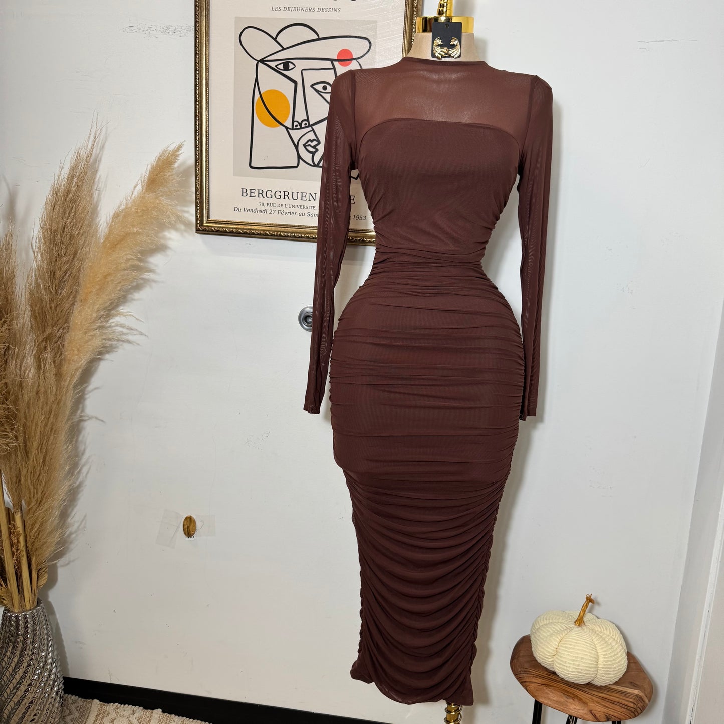 Round Neck Long Sleeve Ruching Midi Dress-Chocolate