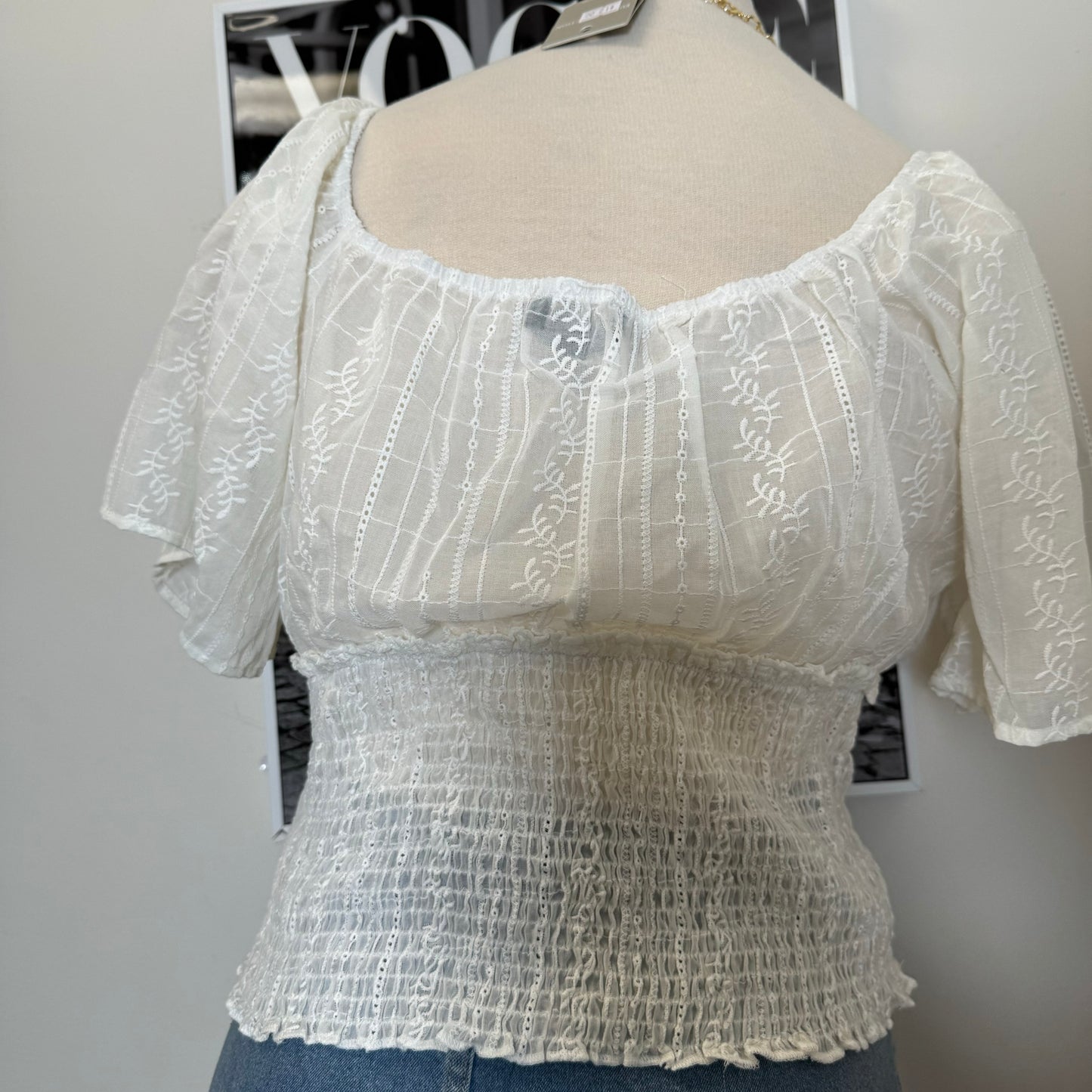 Embroidered Sheer lace Peasant Top-White