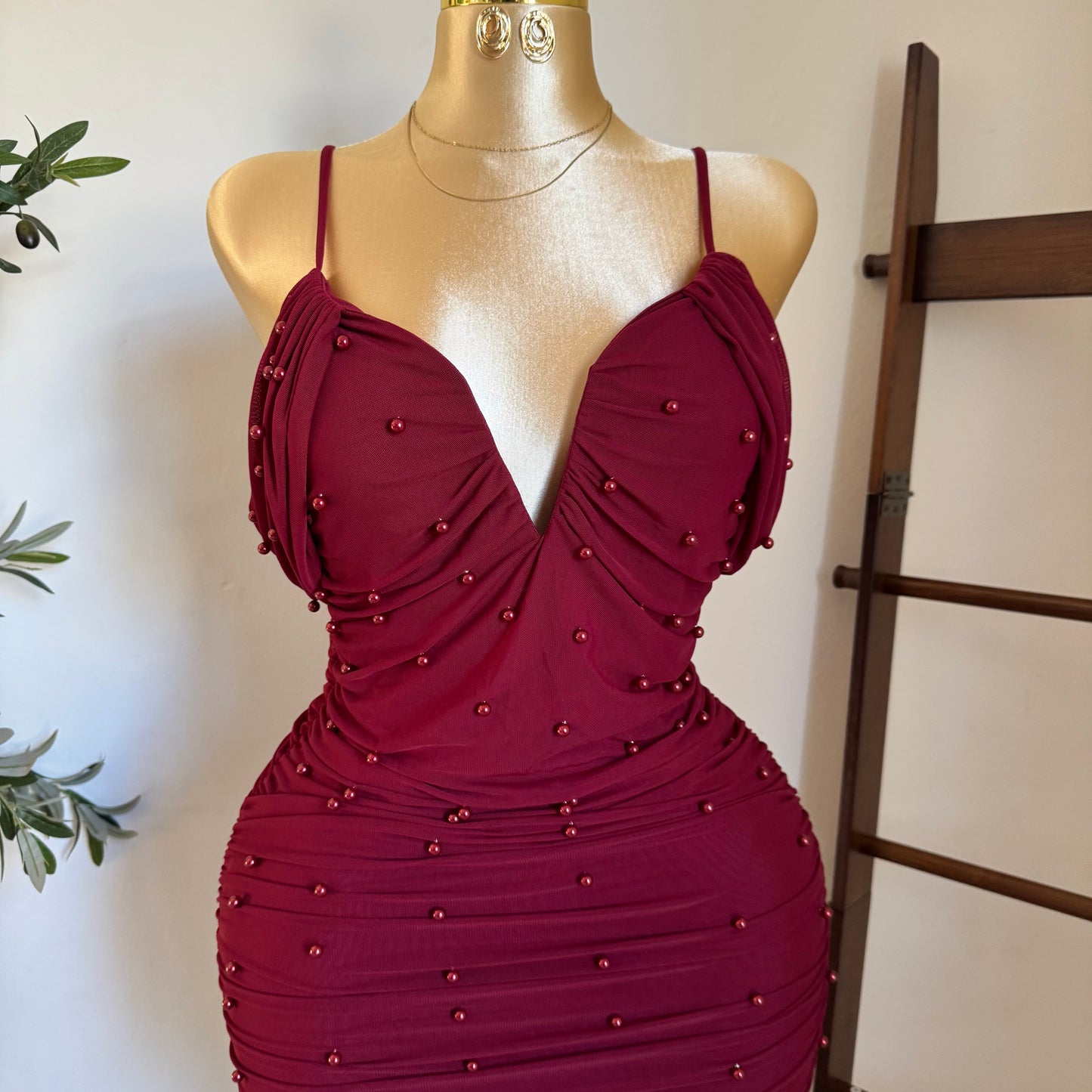 Aria Pearl Dress PL-Burgundy