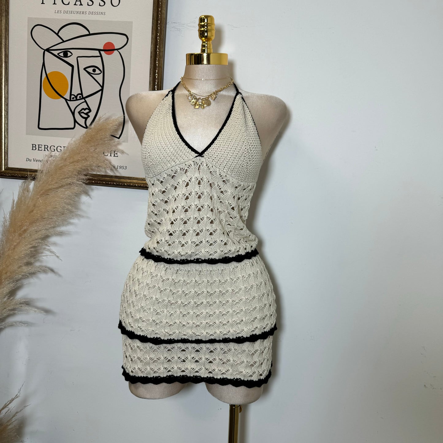 Knitted Halter Skirt Set-Beige