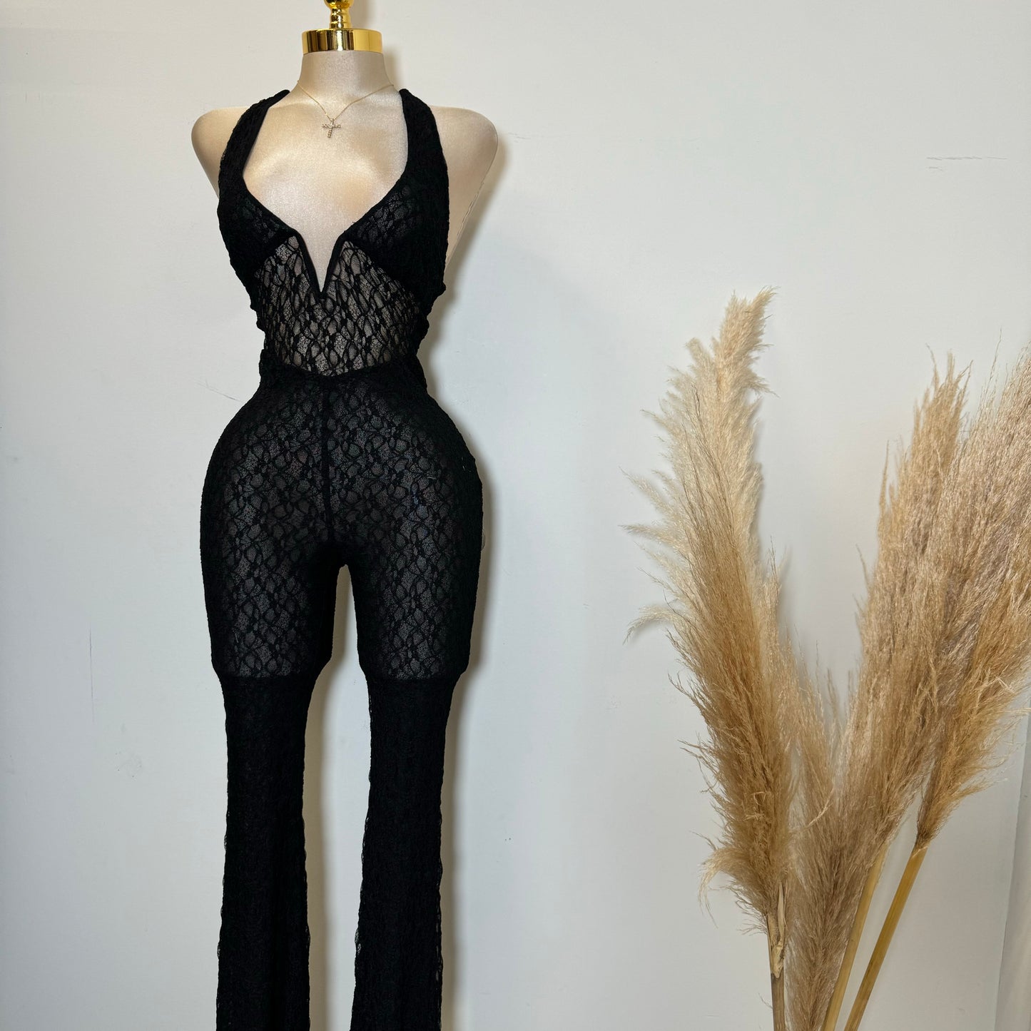 Lace Halter Jumpsuit-Black