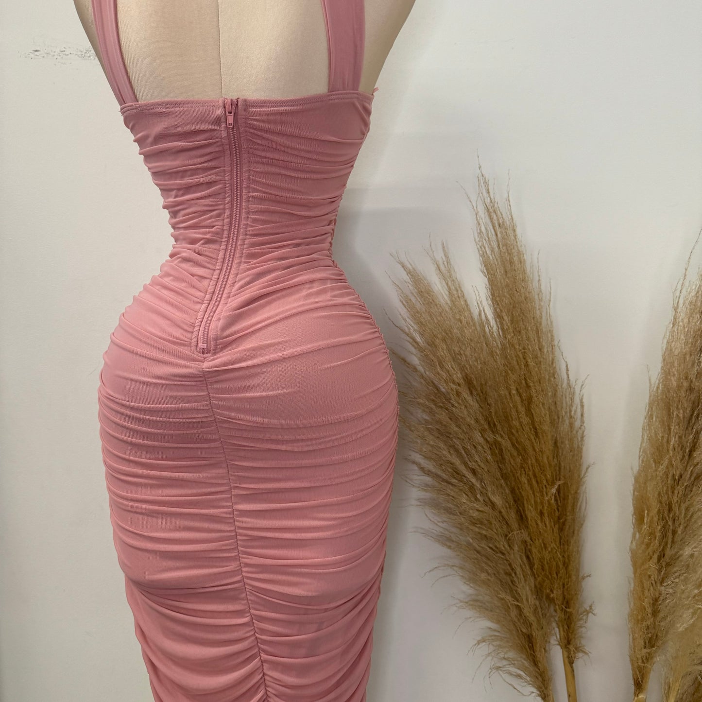 Inara Mesh Twist Halter Neck Midi Dress-Mauve