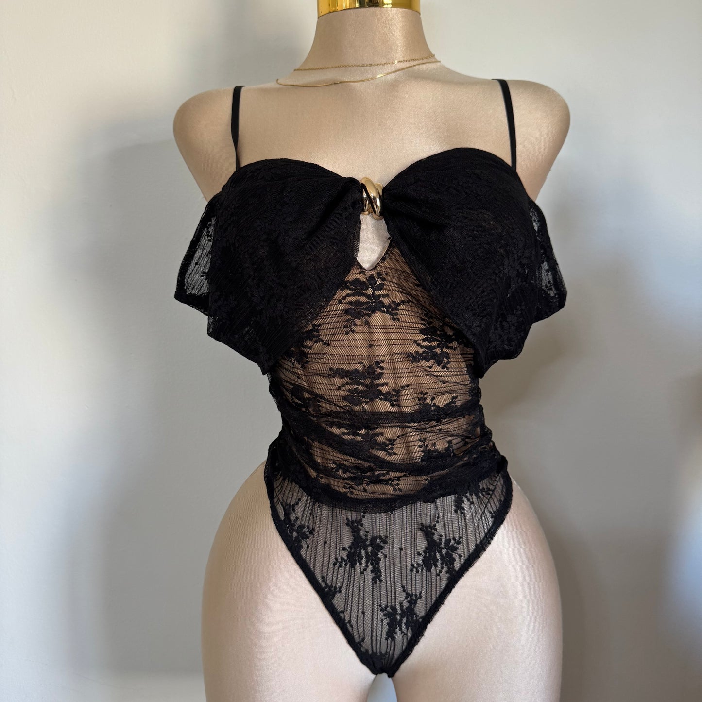 Lace Gold Trim Inset Off shoulder bodysuit-Black
